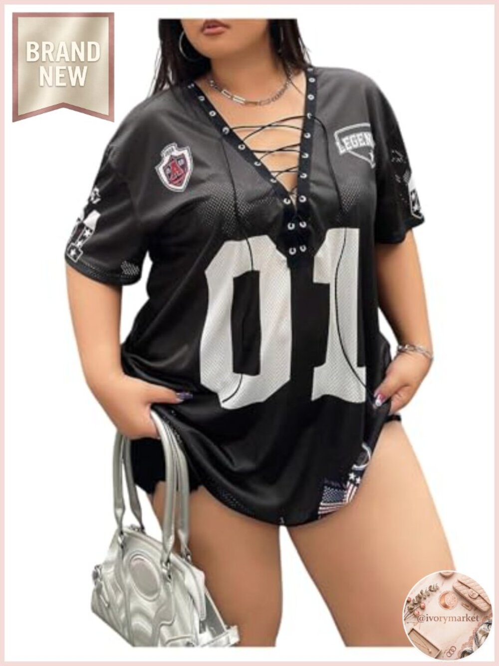 Plus Size Number Graphic Tee V-Neck Short Sleeve Lace Up